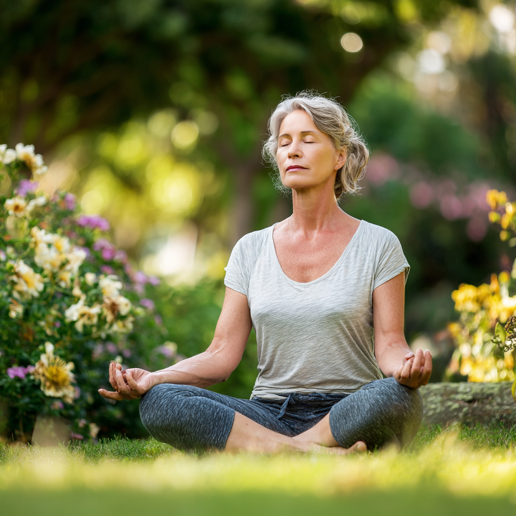 Mature woman practicing yoga poses in peaceful garden setting