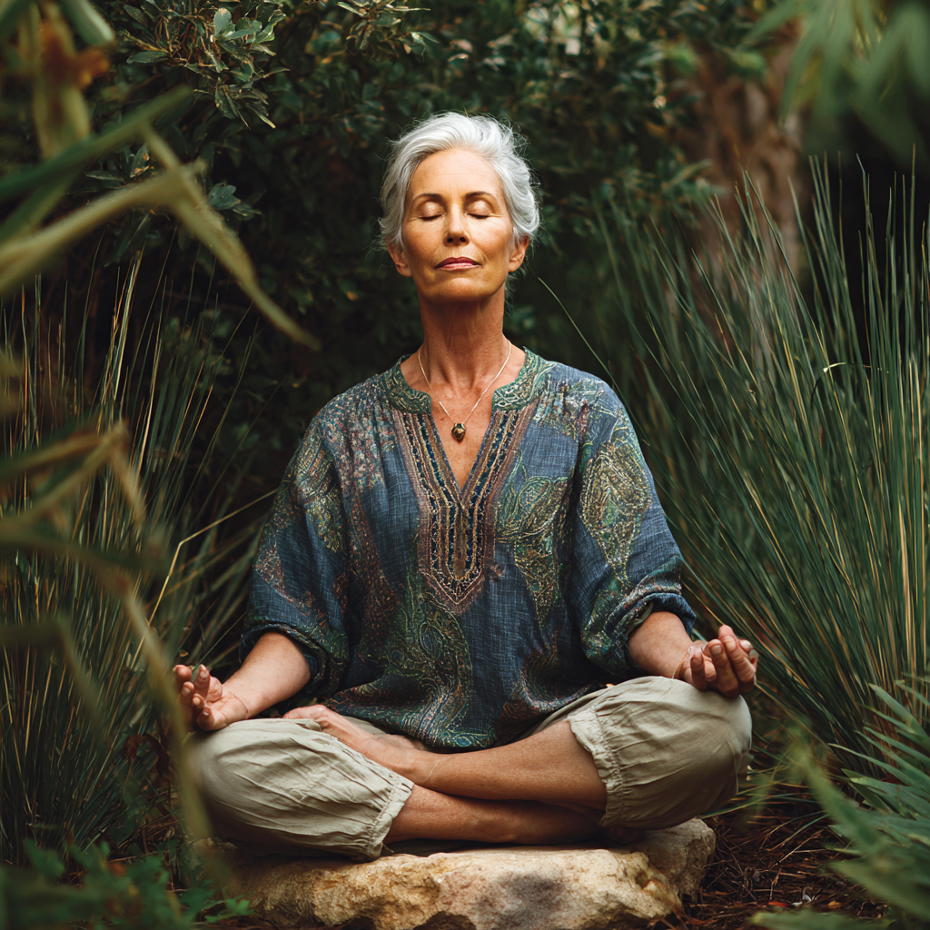 Senior adult in peaceful meditation pose surrounded by natural elements